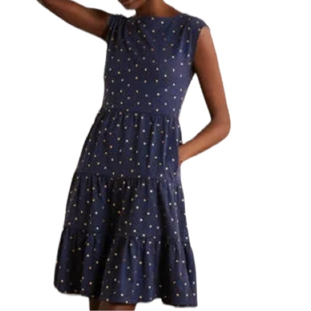 Boden Women's Navy and Gold, Polka Dot Romaine Tiered Jersey Dress